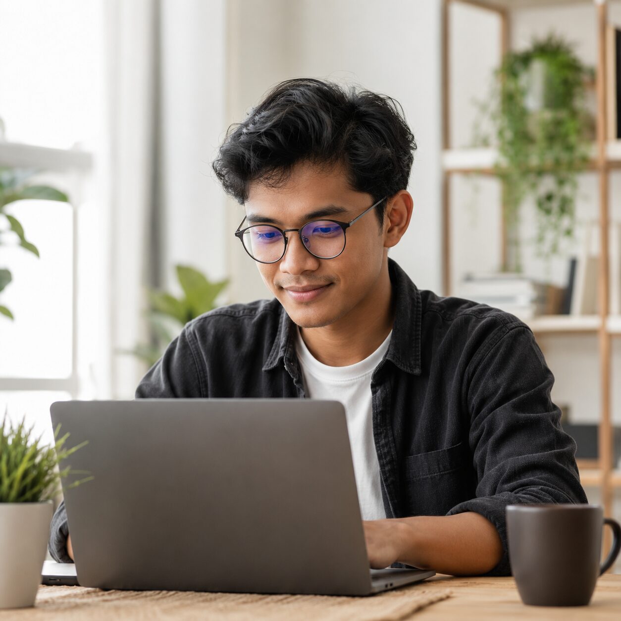 Mahasiswa menggunakan kacamata lensa anti radiasi saat belajar di depan laptop