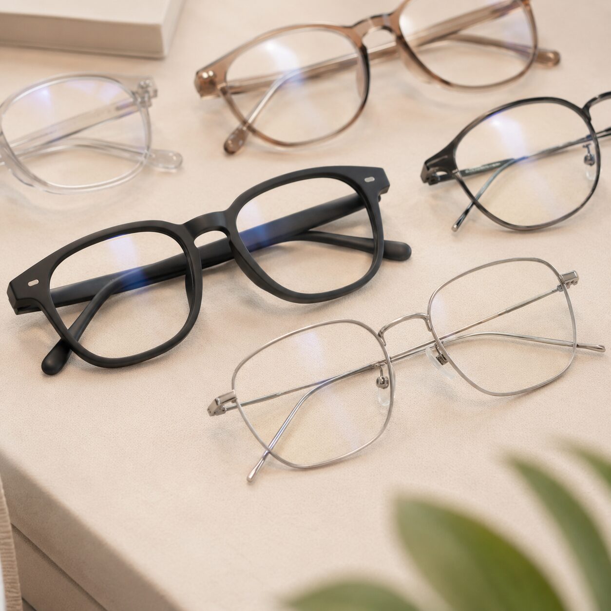 Pilihan frame kacamata plastik dan metal yang ditata rapi untuk kebutuhan fashion harian